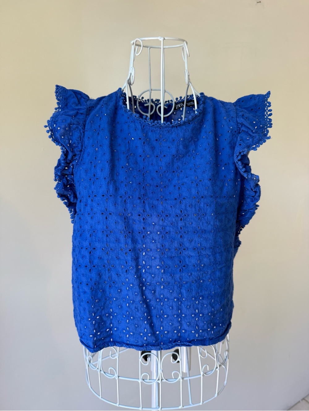 Zara Blue Eyelet Embroidered Ruffle Sleeve Cotton Top XS